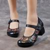 Ethnic Style Printed Pumps Genuine Leather Retro Round Toe Thick Heel Soft Sole Women's Shoes