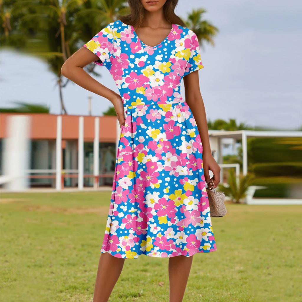 Ladies Summer Fashion Casual Floral Print V-Neck Short Sleeve Pocket Dress