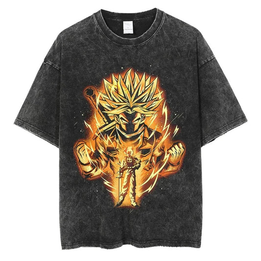 Fashion Dragon Ball Super Saiyan Retro Tshirt Vintage High Quality Tshirt Washed Anime Cotton Parentchild Casual Tee