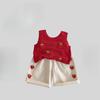 Summer Casual Kids Strawberry Embroidery Set Viscose Knitted Hollow Out Sleeveless Top & Cotton Polyester Straight Leg Shorts
