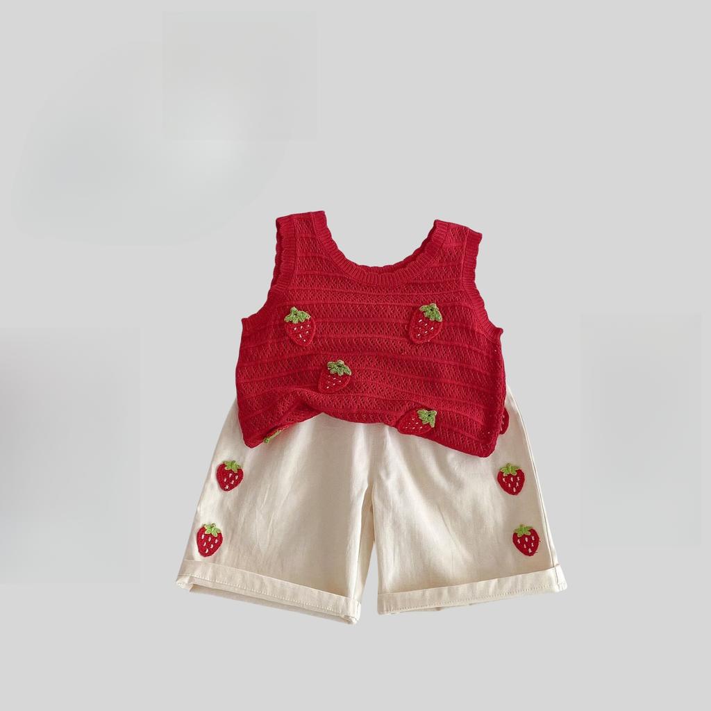 Summer Casual Kids Strawberry Embroidery Set Viscose Knitted Hollow Out Sleeveless Top & Cotton Polyester Straight Leg Shorts