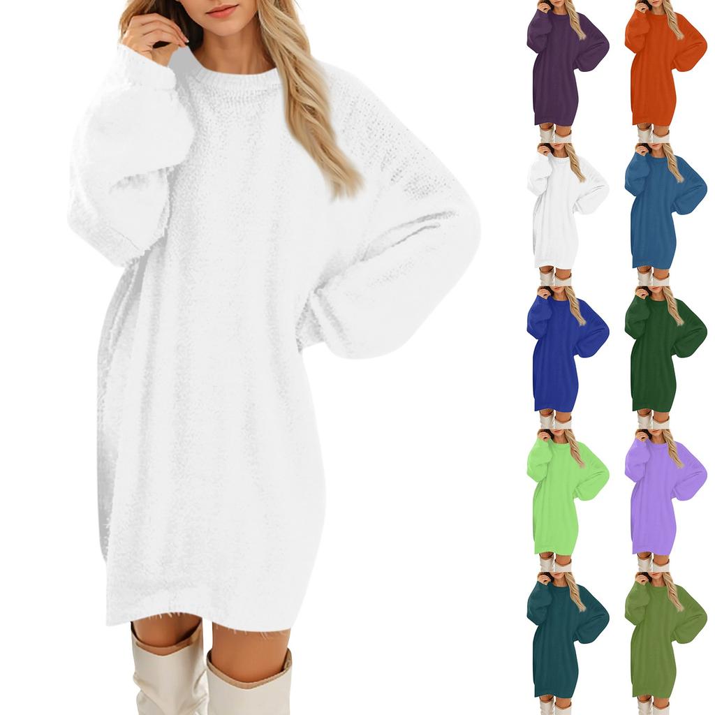 Women's Round Neck Casual Long Sleeve Plush Solid Color Dresses