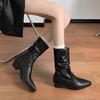 Нишевые остроносые плиссированные ботильоны на толстом каблуке женские 2025 осень и зима европейские и американские ботильоны на высоком каблуке модные ботильоны короткие тонкие ботильоны