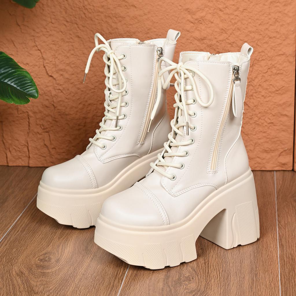 Женские ботинки в британском стиле с толстой подошвой, на шнуровке, ботильоны на платформе, женские кожаные из ПУ, на массивном каблуке, зимние, панк, готические туфли
