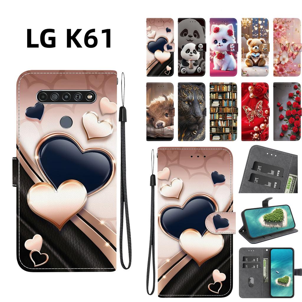 Чехол-книжка из искусственной кожи ручной работы для LG K61, противоскользящая противоударная обложка с ремешком на запястье и дизайном в виде сердечка/розы/кошки