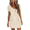 Women's Summer Casual Fashion Solid Color Drawstring V Neck Short Sleeve Dress