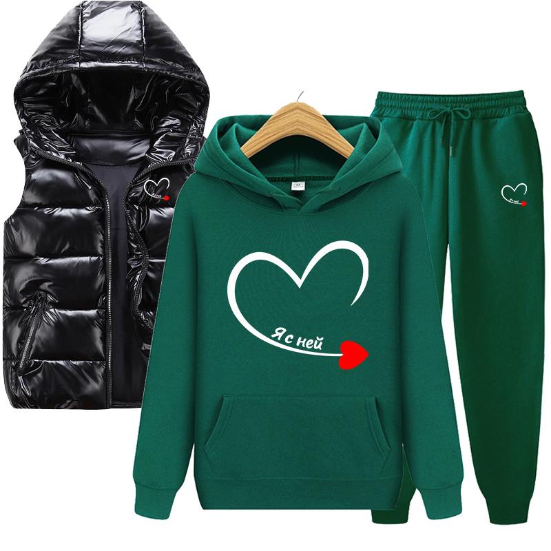 Горячая весна и осень, однотонная толстовка с принтом, комплект из 3 предметов: толстовка для пары + жилет + брюки, спортивная одежда
