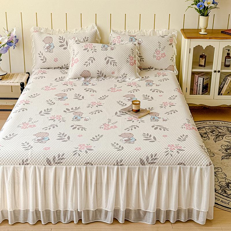 Bed skirt style mica bean cooling mat, washable lace style ice bean bean ice silk cooling mat set of three pieces