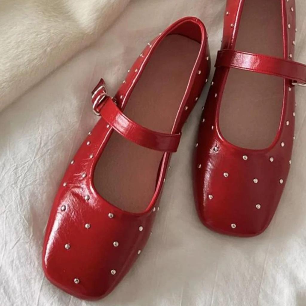Leather Korean Version of Rivet Square Head with Mary Jane Shoes Women's 2025 Spring Versatile Flat Bottom Light Mouth Red Single Shoes