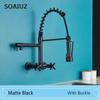 Черный кухонный смеситель с двумя ручками, кухонный смеситель для горячей и холодной воды, настенный двойной поворотный излив, пружинные выдвижные смесители