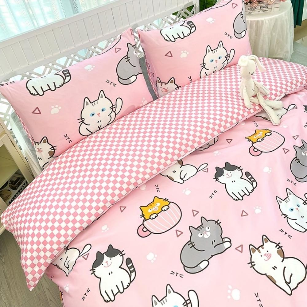 3pcs Blue Pink Black Bedding Set Cute Dog Cat Print Cozy Soft Duvet Cover King Queen Twin Size Birthday Gift Girls Bedroom Decor