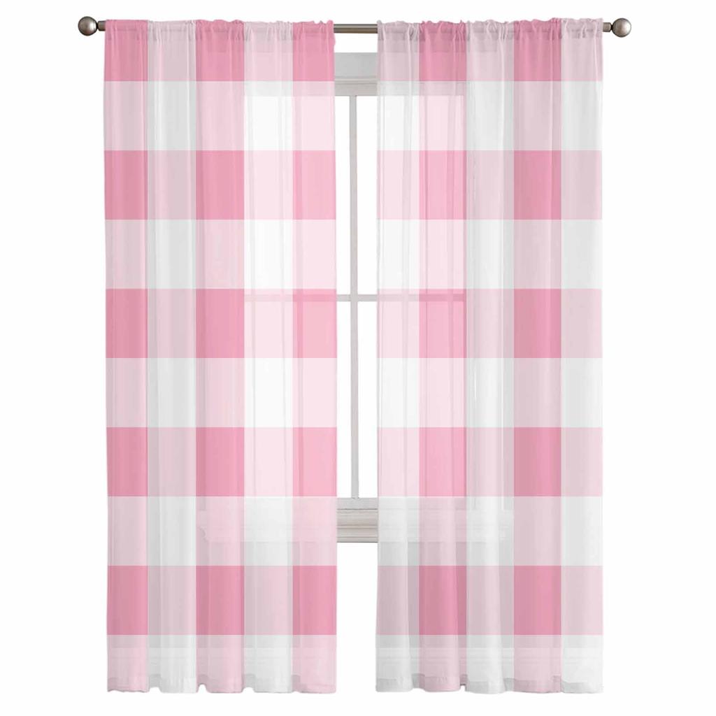 Розовый клетчатый узор, весенние шторы для спальни, тюлевые прозрачные занавески для гостиной, домашний декор, вуаль, шторы