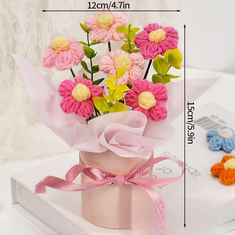 Valentine'S Day Mini Bouquet Artificial Rose Flowers Handmade Crochet Flower Bouquet Christmas Wedding Party Gifts Home Decor
