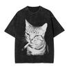 Washed T Shirts Cat Smoking Stay Chill Stay Positive Hip Hop Vintage T-Shirt Oversize  Streetwear Cotton Tops Tees for  Wo