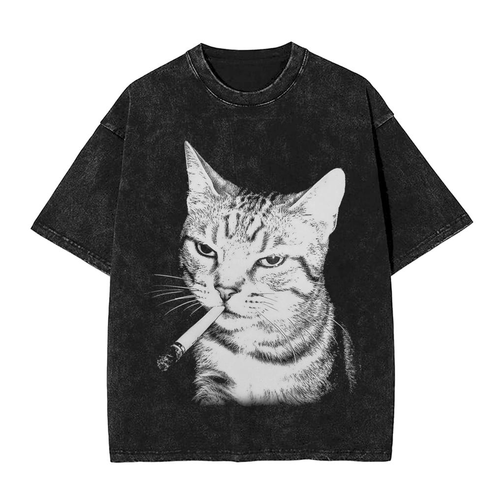 Washed T Shirts Cat Smoking Stay Chill Stay Positive Hip Hop Vintage T-Shirt Oversize Streetwear Cotton Tops Tees for Wo