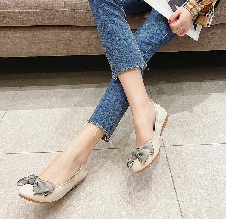 Женские мягкие балетки с круглым носком и бабочкой, милые удобные балетки без застежек, женская искусственная кожа