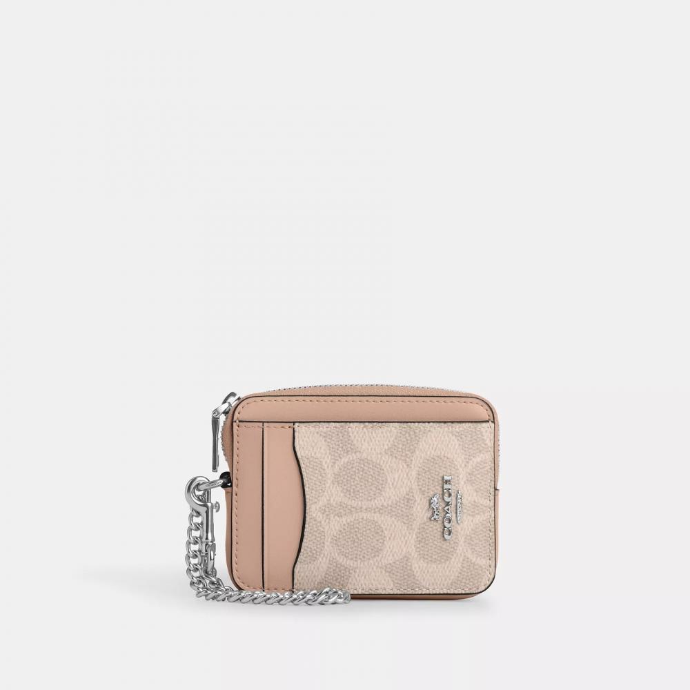 Coach Zip Card Case In Signature Canvas Gold Sand Chalk