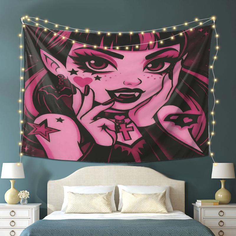 VIKAMA Dark Gothic Girl Tapestry Sweet Cool Manga Style Home Decoration Interior Atmosphere Wall Hanging Art