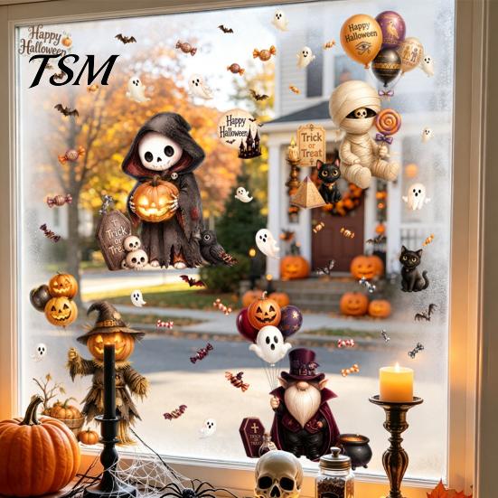 Easy Application Glass Ornaments 4Pcs Halloween Cartoon Window Clings, Pumpkin Ghost Scarecrow Stickers, Clings Removable Waterproof Decals