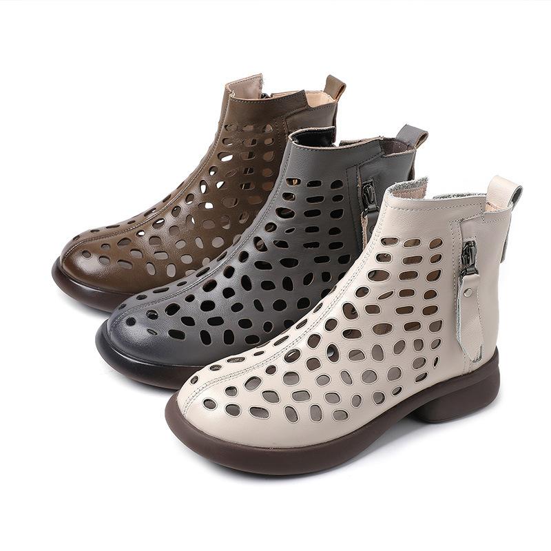 GKTINOO 2025 Summer Ankle Boots Genuine Leather Shoes Women Mid Heels Sandals Side Zip Boots Cutout Breathable Mujer Zapatos