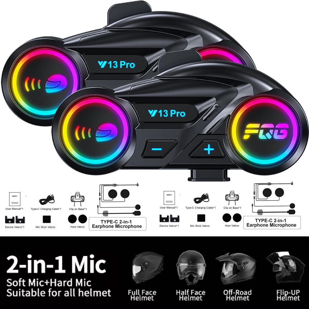 Мотошлем Y13 Pro RGB Bluetooth 6.0 Интерком Дальность 500 м Водонепроницаемый
