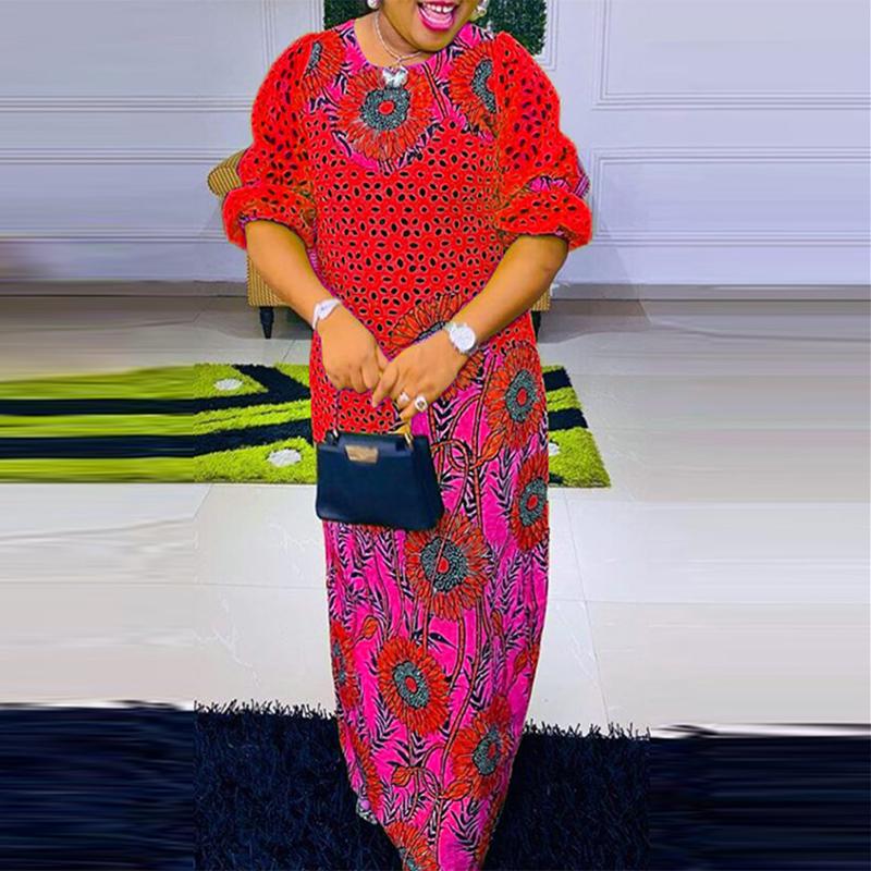 Женские платья большого размера с круглым вырезом и длинным рукавом с оборками и принтом