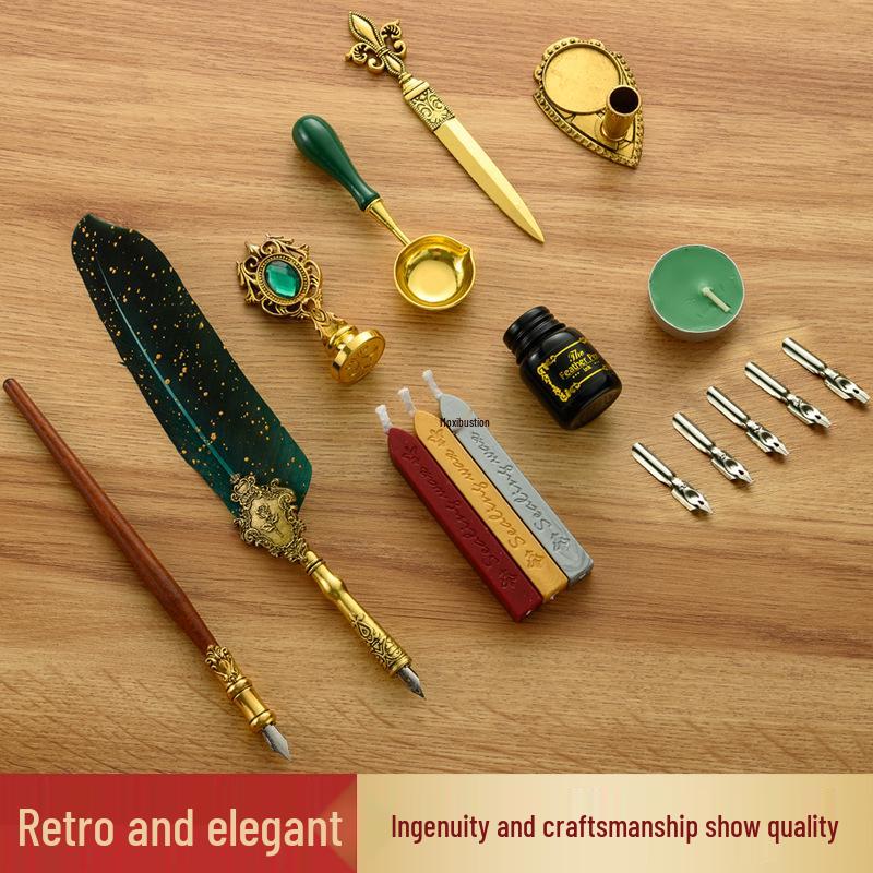 British Style Gold Splatter Feather Pen Set with Custom Logo - Ink Dipping Set, Birthday Gift