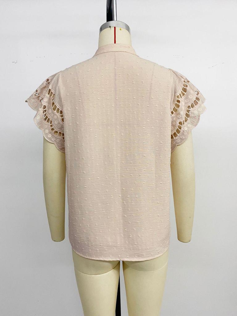 Европейская Ретро Сладкая Ажурная Блузка с Воланами на Рукавах, Стойкой Воротником, Однотонная, Женская Летняя Рубашка