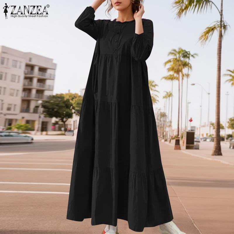 ZANZEA Women Holiday Casual Nine Quarter Sleeve Summer Loose Long Dress