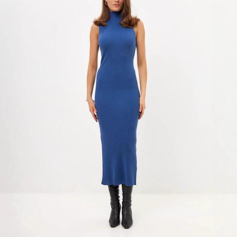 European and American Summer Sleeveless High Neck Knitted Dress Sexy Slim Fit Knitted Sweater Long Skirt