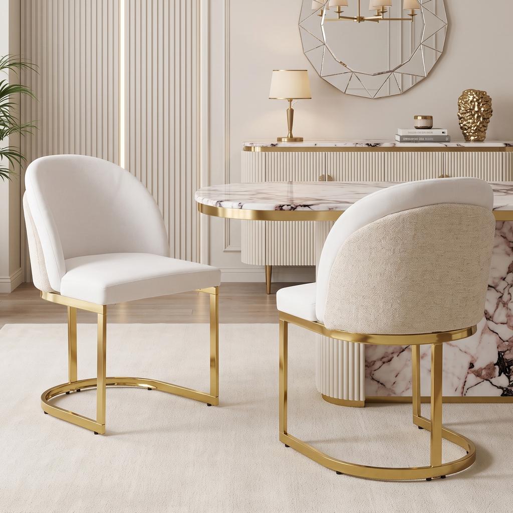 2 Dining Chairs, suitable for restaurants, living rooms, cafés, modern style, gold-colored galvanized chair legs, chenille fabric, beige + gold