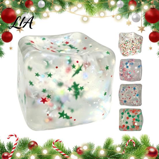 Hand Therapy Stress Balls Christmas Ice Cube Squeeze Toy, Confetti Filled Relief Calming Sensory Toy Slow Rebound Clear for Anxiety Reduction