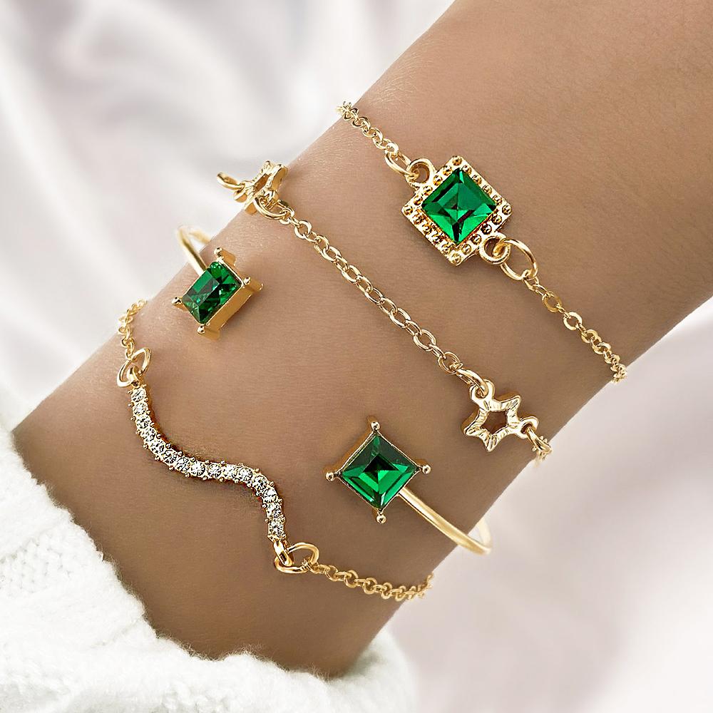 5Pcs/Set Green Shiny Charm Bracelet for Women Crystal Zircon Jewelry Adjustable Luxury Trendy Bracelet Daily Decoration