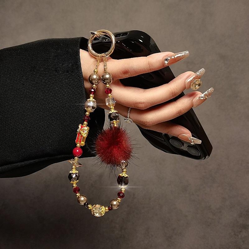 Guofeng Lion Lucky Crystal Mobile Phone Chain, Short Beaded Plush Wrist Lanyard Anti‑Lost Pendant For Phone Case