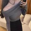 Весенняя новинка с длинным рукавом и вырезом-лодочкой, сексуальная женская модная элегантная футболка с открытыми плечами, женская уличная облегающая плиссированная женская футболка 26058