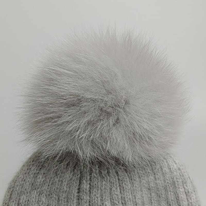 MAIA Fox Fur Pom Pom Beanie Hat - Grey