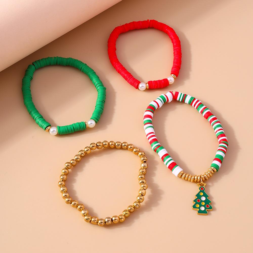 2024 European & American Christmas Beaded Polymer Clay Bracelet Set - Festive Christmas Tree Design