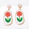 Simple, Fashionable, Fresh and Sweet Alloy Printed Flower Imitation Pearl Pendant Geometric Earrings, Versatile for Commuters