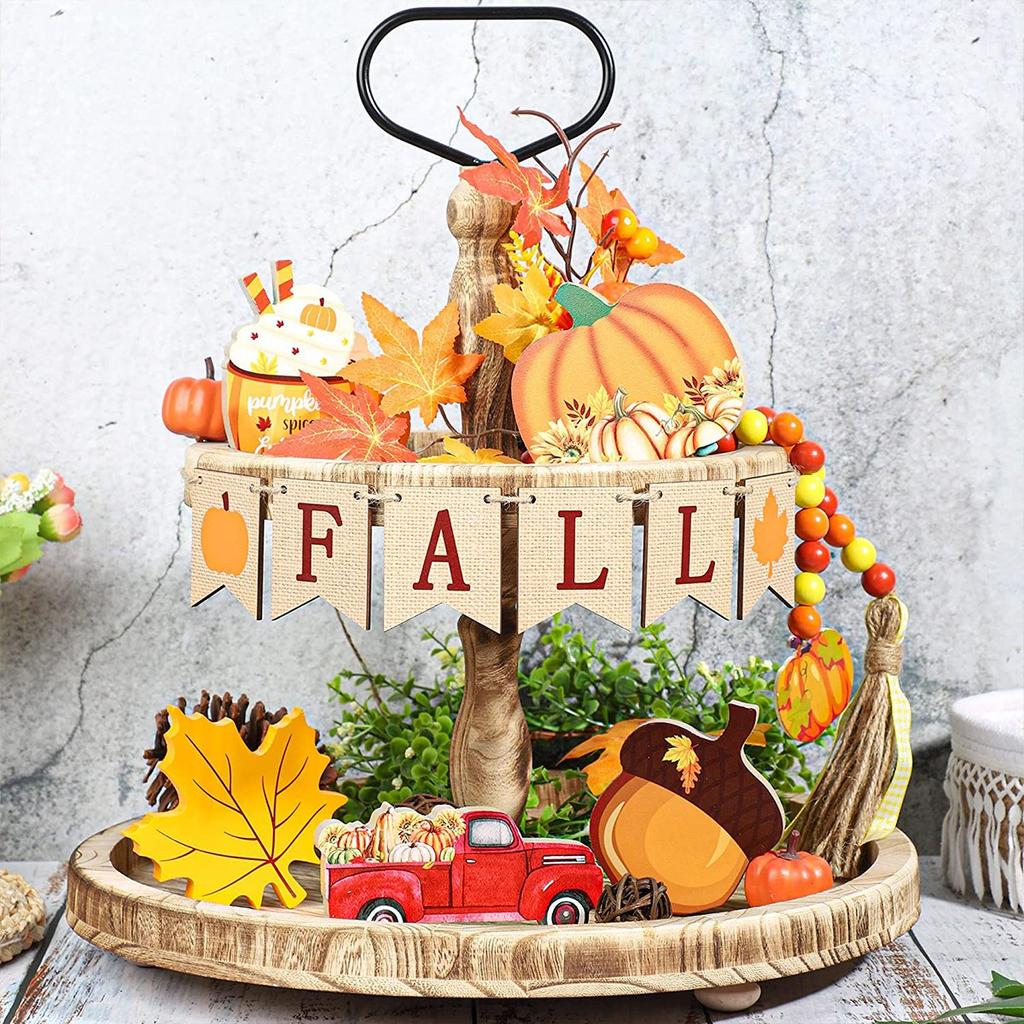 Thanksgiving Wood Tiered Tray Crafts Fall  Maple Leaf Truck Party Decor Supplies