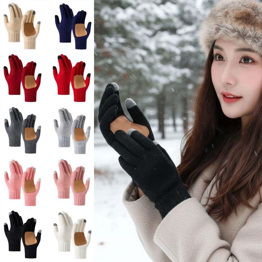 Leather Patch Touchscreen Gloves Solid Color Woolen Warm Gloves Winter Knit Mittens Phone Texting
