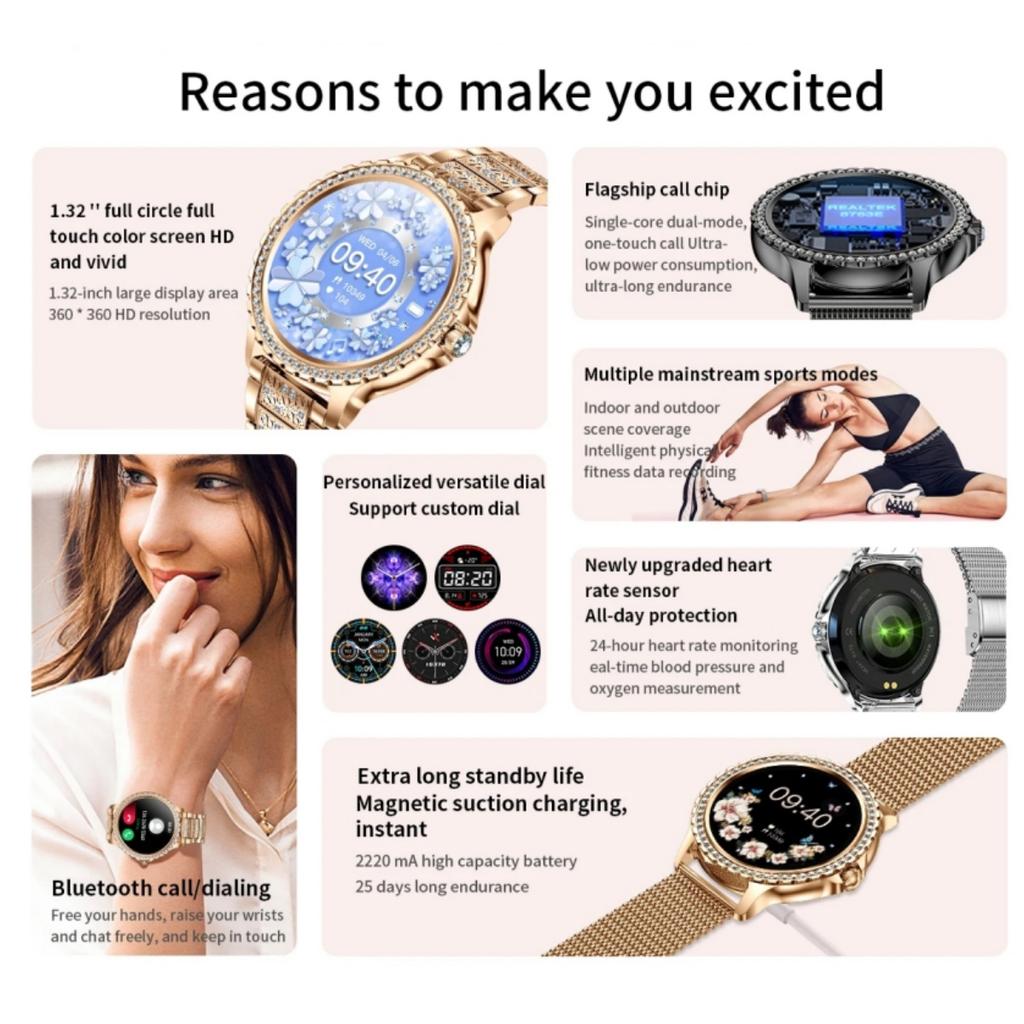 Умные часы для женщин 1,32-дюймовый HD-экран спортивный индивидуальный циферблат голосовой вызов пульсометр умные часы для женщин