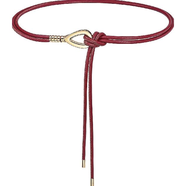 Women Knotted Skinny PU Leather Waist Belt Gold Buckle for Dresses | Thin Rope Belts, Cowgirl Belt, Leather Wrap Belt for Women, Fit Waist 28"-40"