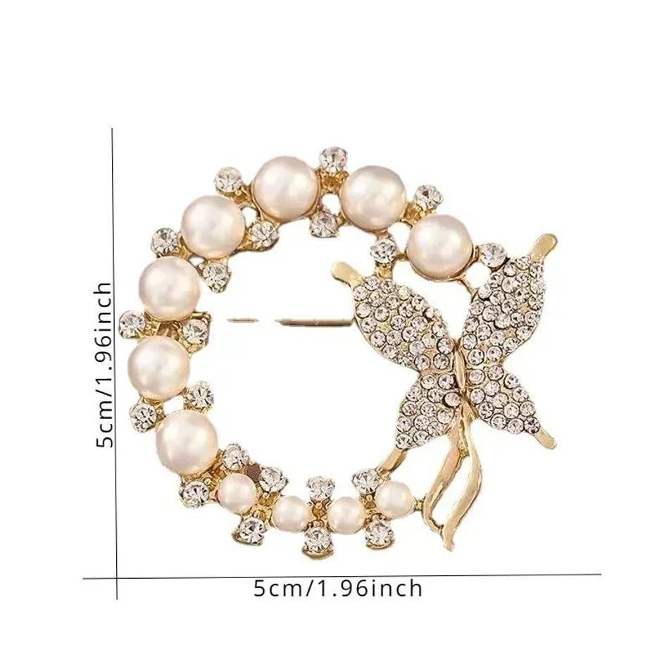Butterfly Brooch Trend Elegant Circle Leaf Brooch Party Gift Creative Fashion Gifts Baroque Imitation Pearl Rhinestone Wreath