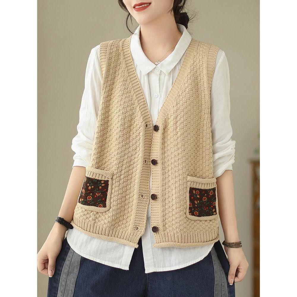 Женский вязаный жилет-кардиган из хлопка с цветочным накладным карманом, свободный и утягивающий, осенний повседневный с V-образным вырезом, без рукавов