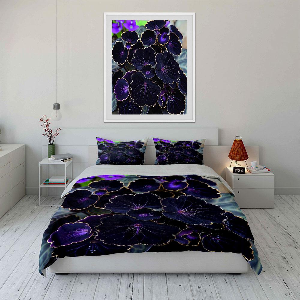 3Pcs Moody Floral Bedding Set, Black Geranium Flowers with Gold Trim Print Duvet Cover,  Bedroom Decor
