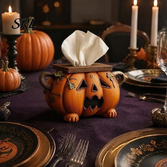 Seasonal Kitchen Counter Accessory Halloween Pumpkin Tissue Box, Resin Decorative Facial Dispenser, Container Creative Paper Towel Holder for