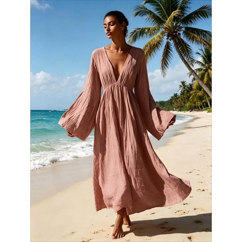 2026 Fall Winter Womens Loose V-Neck Long Sleeve Maxi Dress Vacation Style Solid Color Flowy Swing