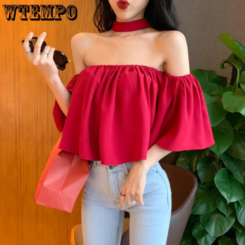 WTEMPO Летние короткие топы с открытыми плечами в корейском стиле, женские однотонные шифоновые блузки с короткими рукавами и вырезом на шее