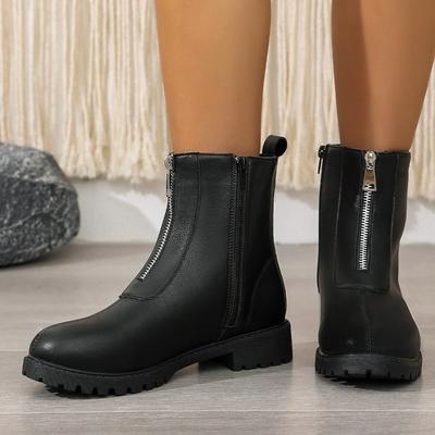 Ботильоны Осень и Зима Новые Круглый Носок Молния Мягкая Подошва Противоскользящие Износостойкие Блочный Каблук Женская Обувь