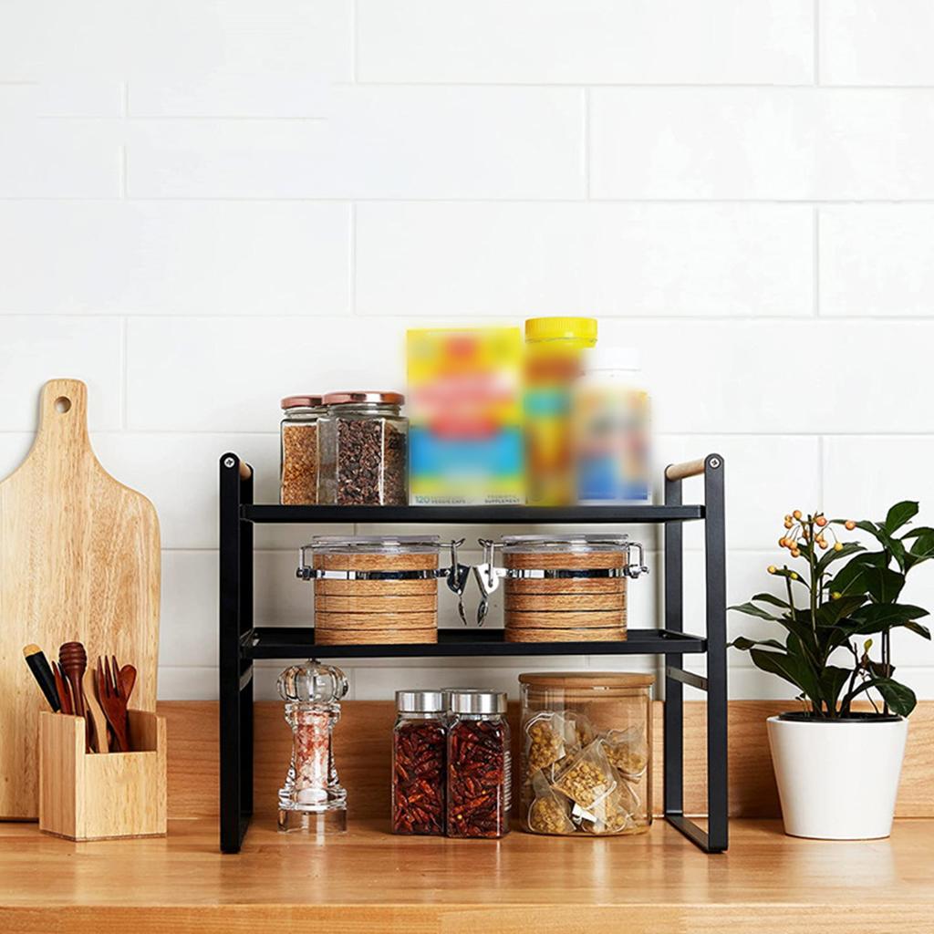 Двухъярусная кухонная полка для хранения, 2 уровня, нескользящая многофункциональная кухонная полка-органайзер, черная